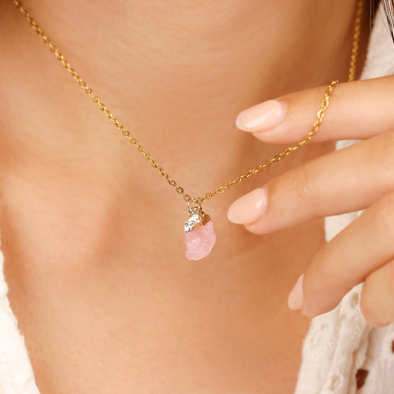 Natural Rose Quartz Necklace – October (Raw Stone)