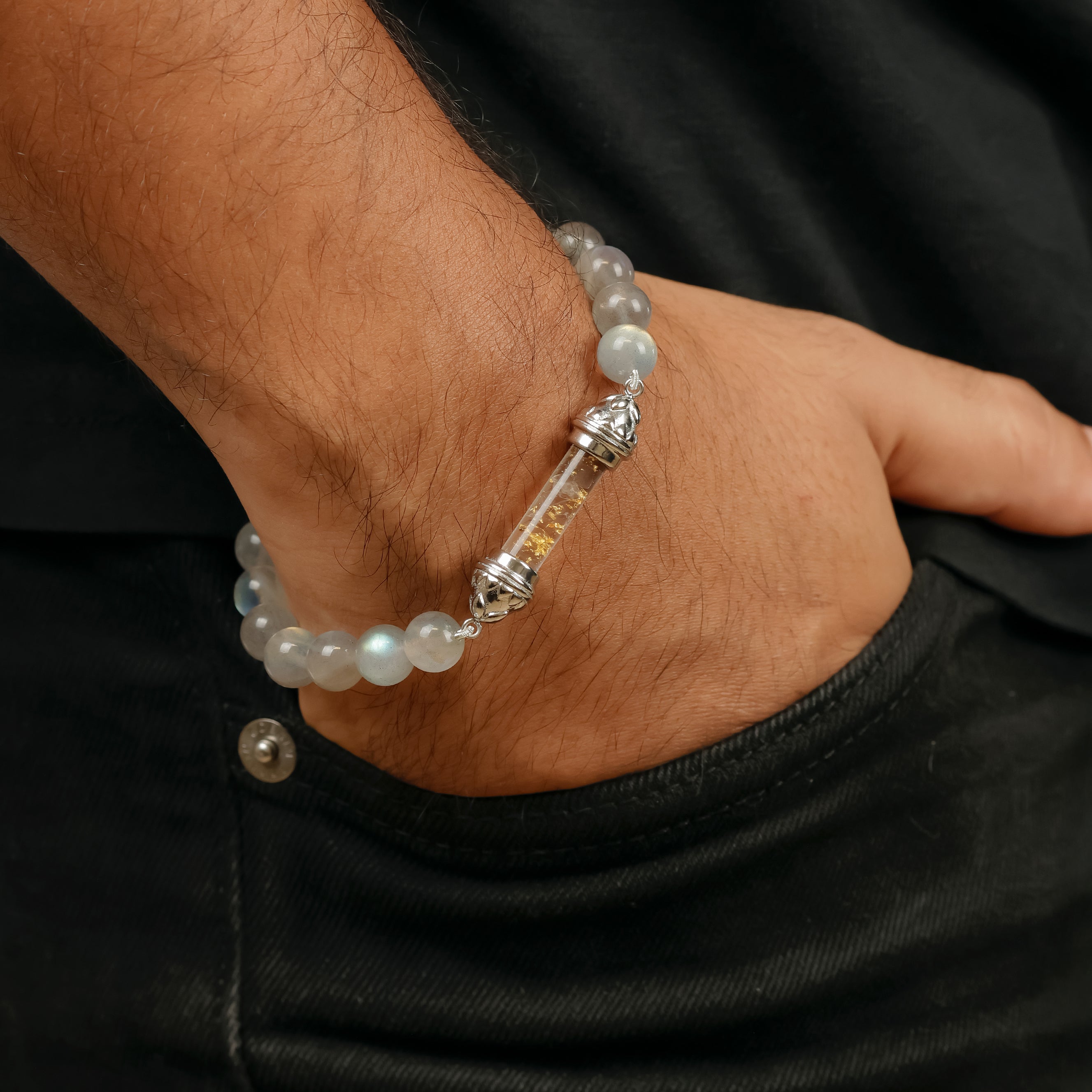 Labradorite Bracelet with Sacred Clear Quartz Silver Amulet AAA - Transformation & Radiance