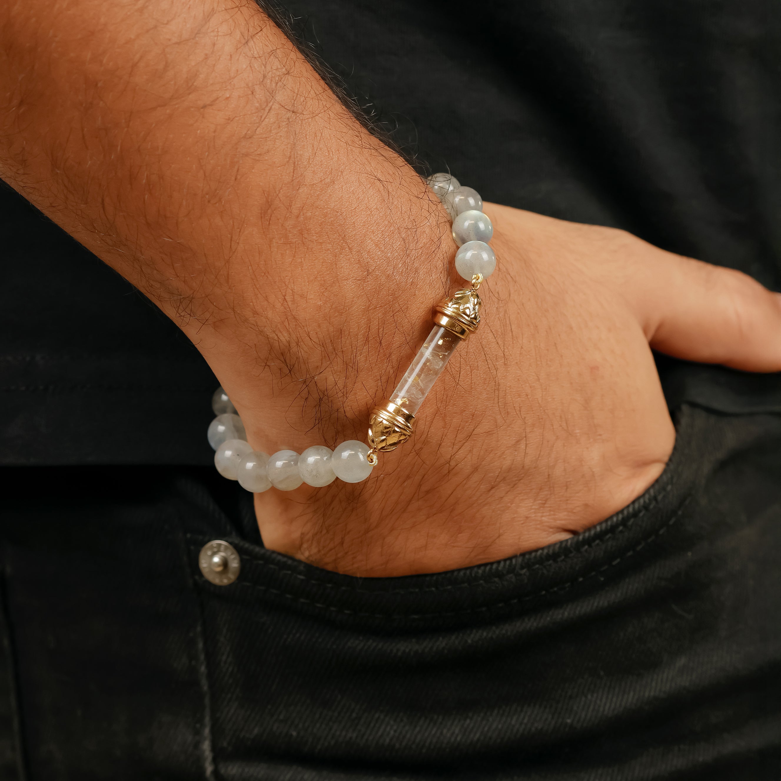 Labradorite Bracelet with Sacred Clear Quartz Golden Amulet AAA - Transformation & Radiance