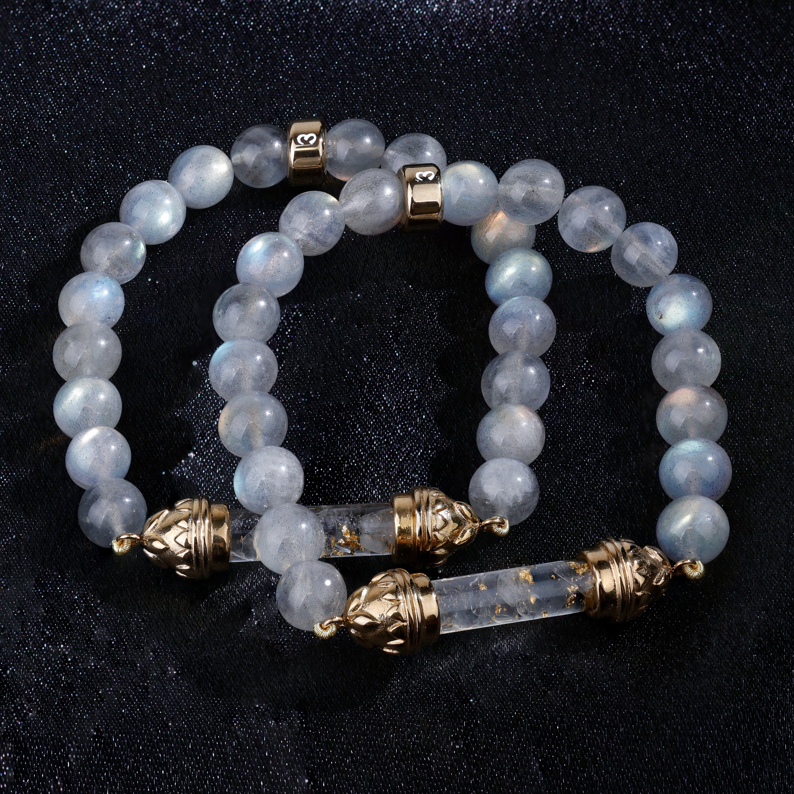Labradorite Bracelet with Sacred Clear Quartz Golden Amulet AAA - Transformation & Radiance