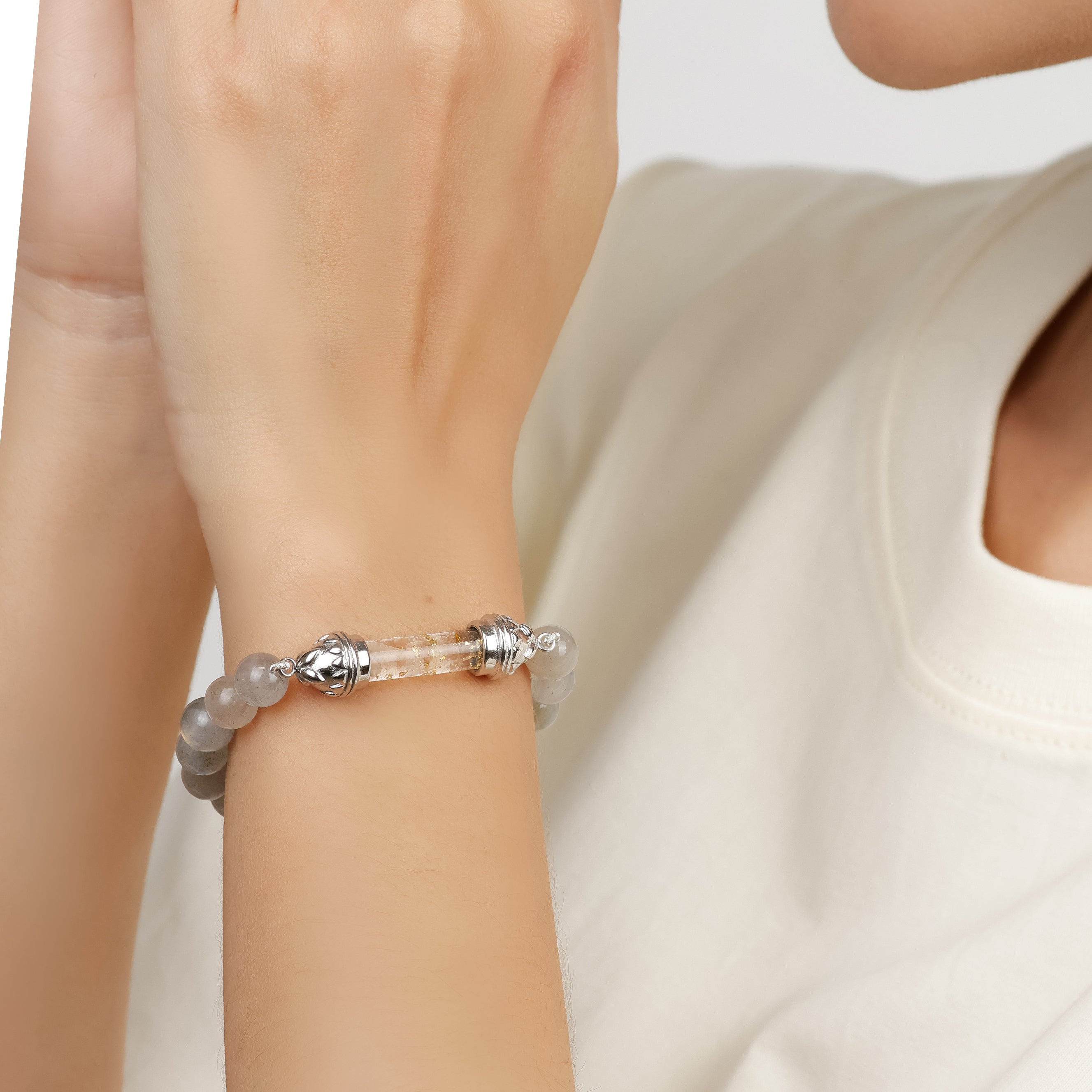 Labradorite Bracelet with Sacred Clear Quartz Silver Amulet AAA - Transformation & Radiance