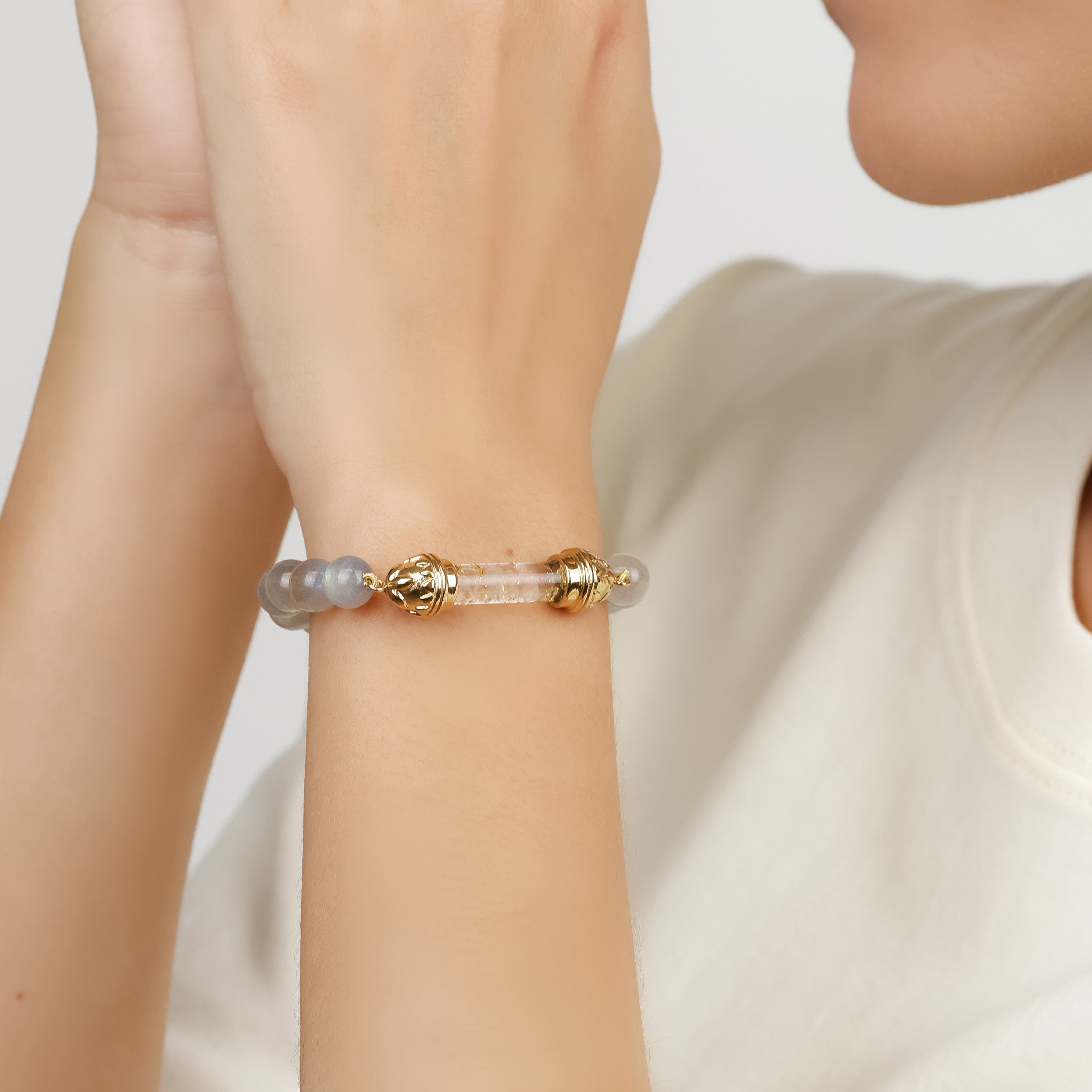 Labradorite Bracelet with Sacred Clear Quartz Golden Amulet AAA - Transformation & Radiance