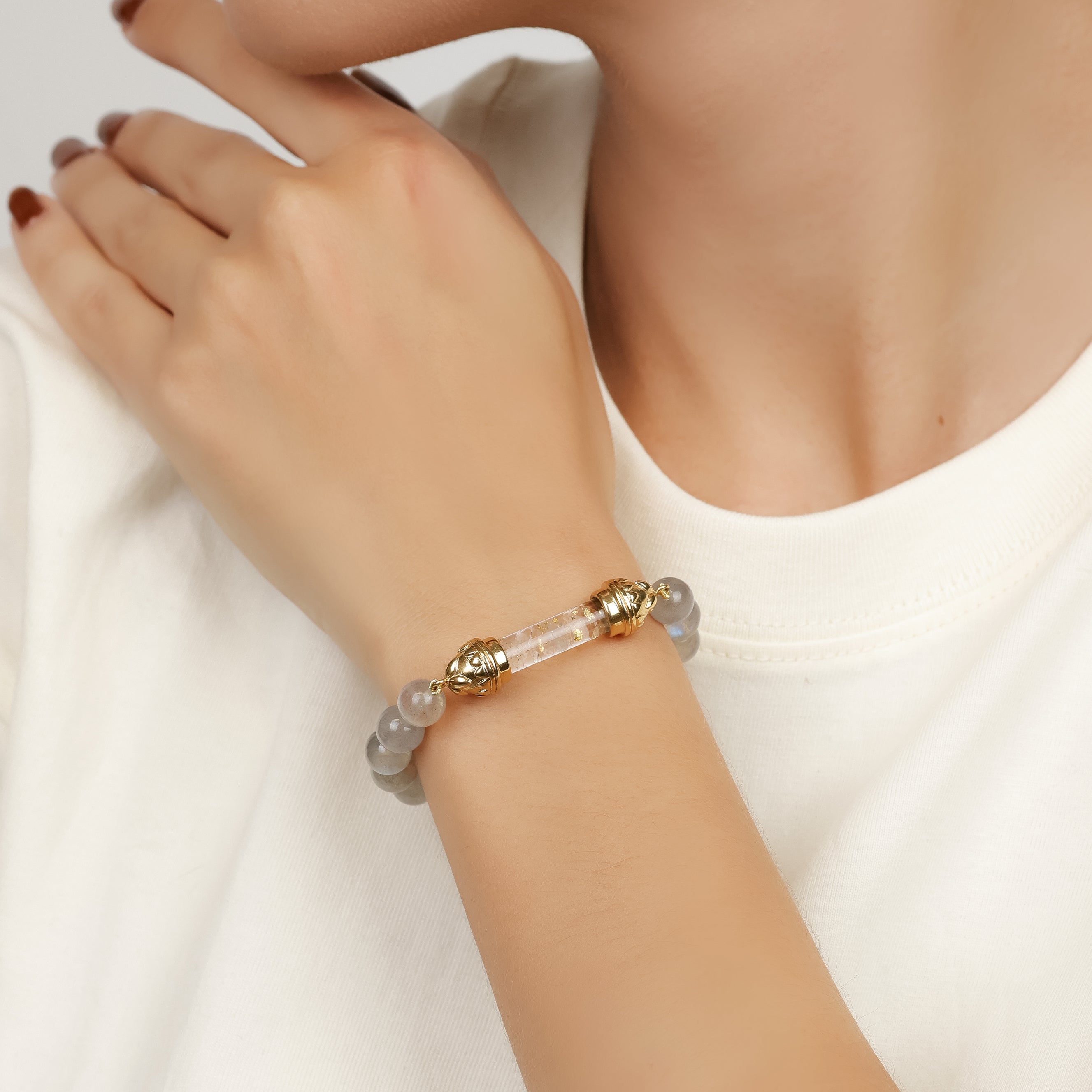 Labradorite Bracelet with Sacred Clear Quartz Golden Amulet AAA - Transformation & Radiance