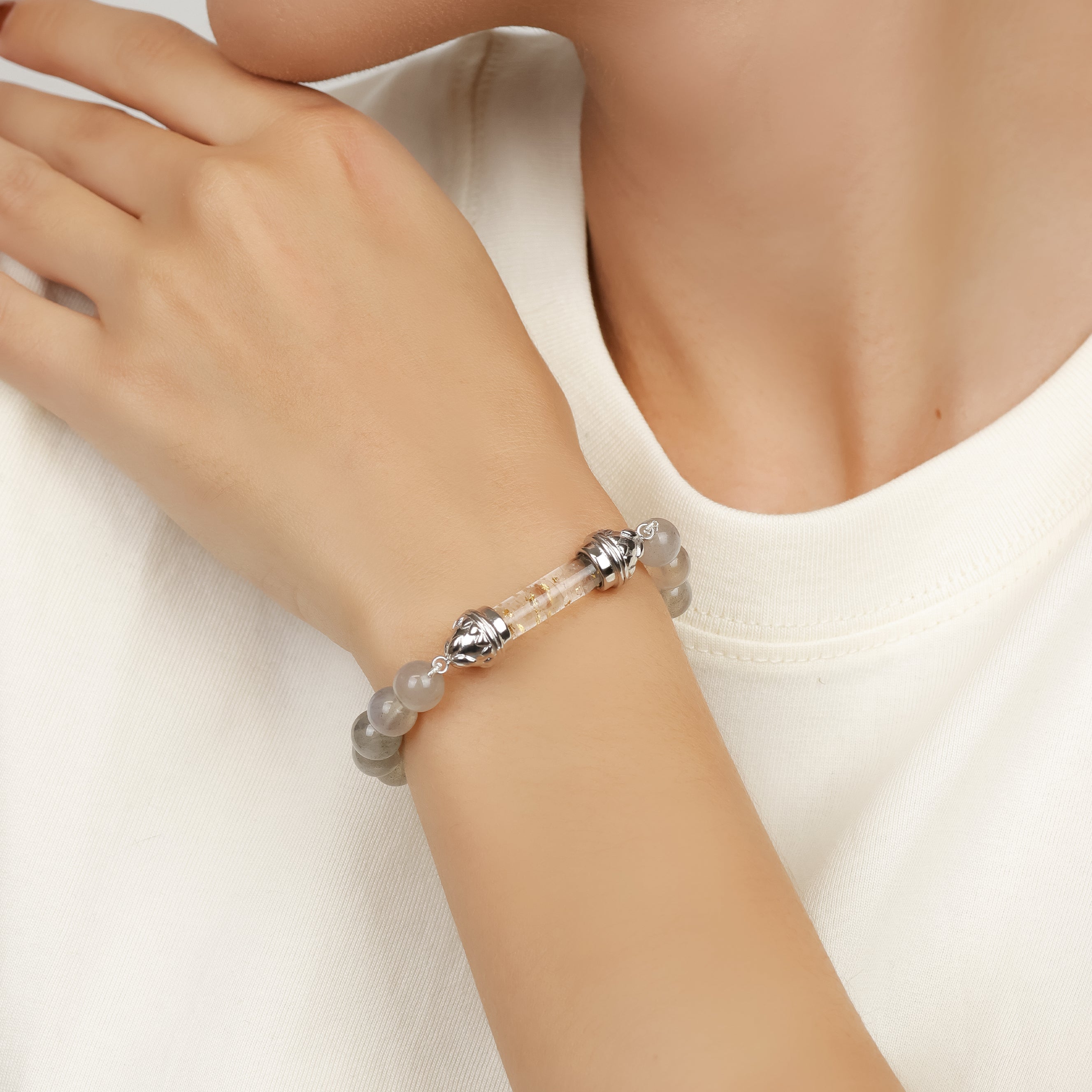 Labradorite Bracelet with Sacred Clear Quartz Silver Amulet AAA - Transformation & Radiance