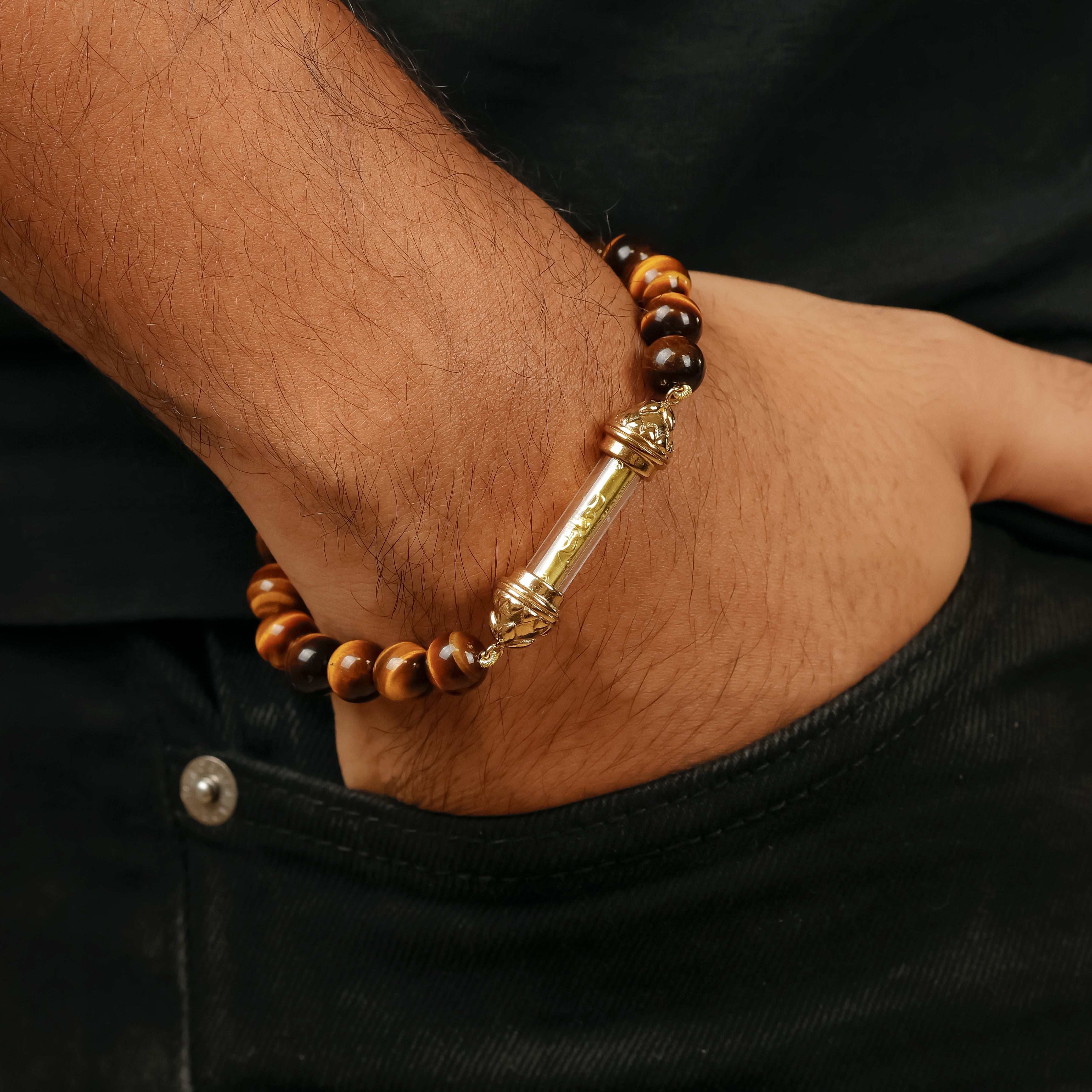 Tiger Eye Bracelet with Sacred Golden Takrut Amulet – Attract Luck