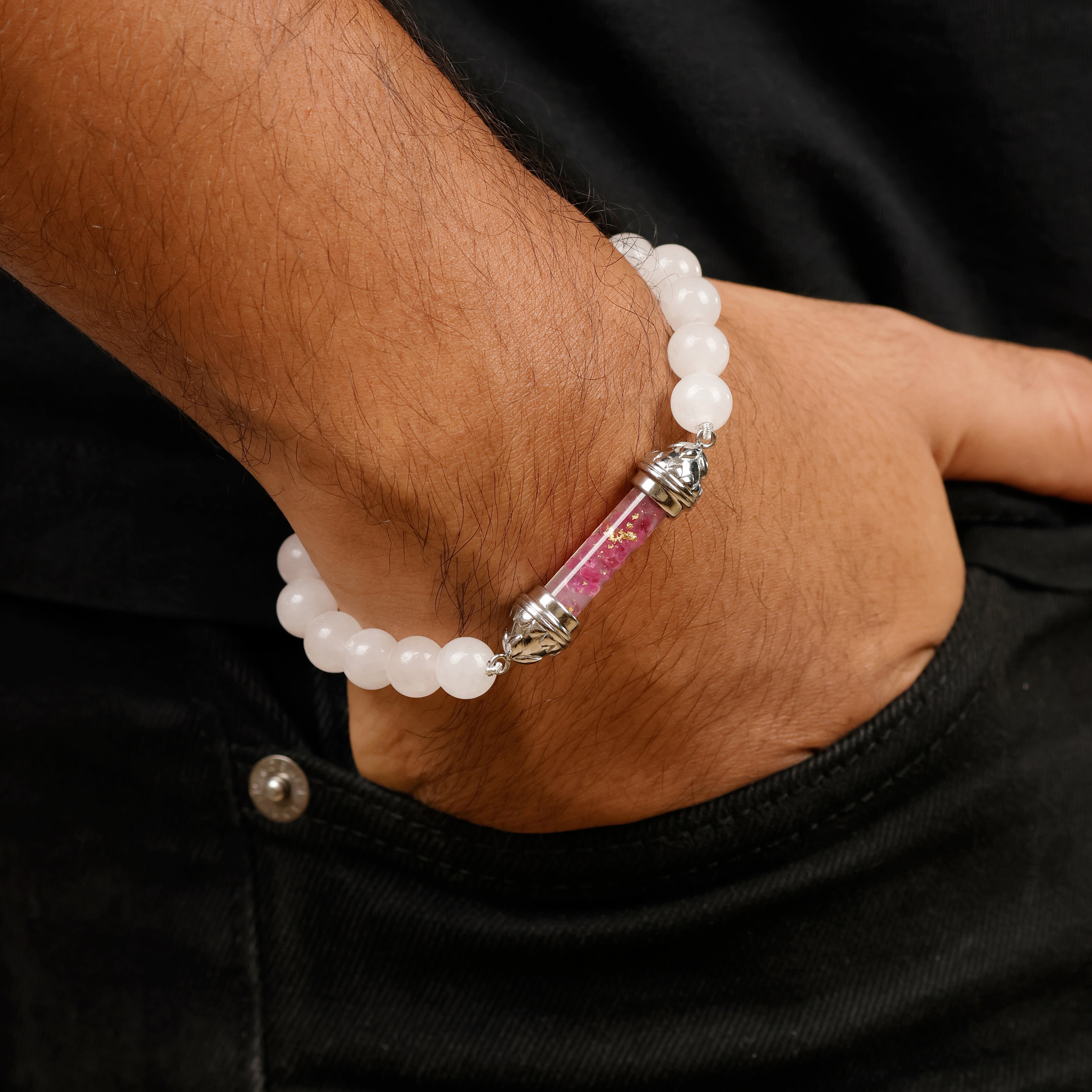 Rose Quartz Bracelet with Sacred Ruby Amulet – Love and Emotional Healing