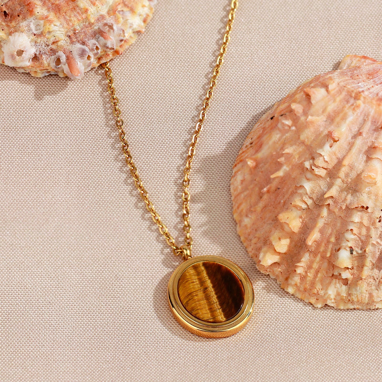 Solea Tiger Necklace – Tiger’s Eye & Engraved Gold Medallion