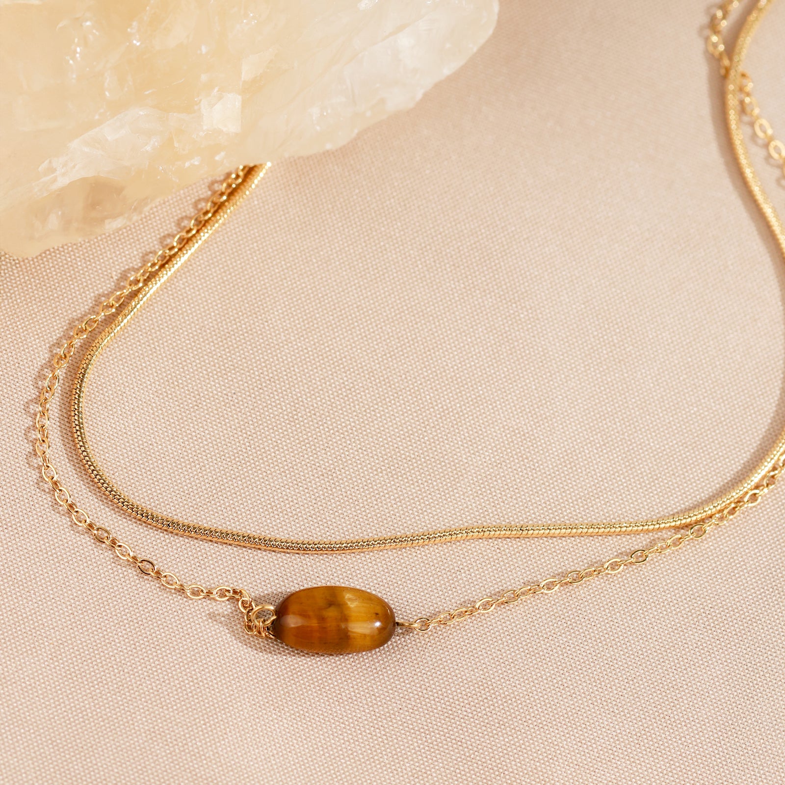 Strata Tiger Necklace – Double Chain & Polished Tiger’s Eye