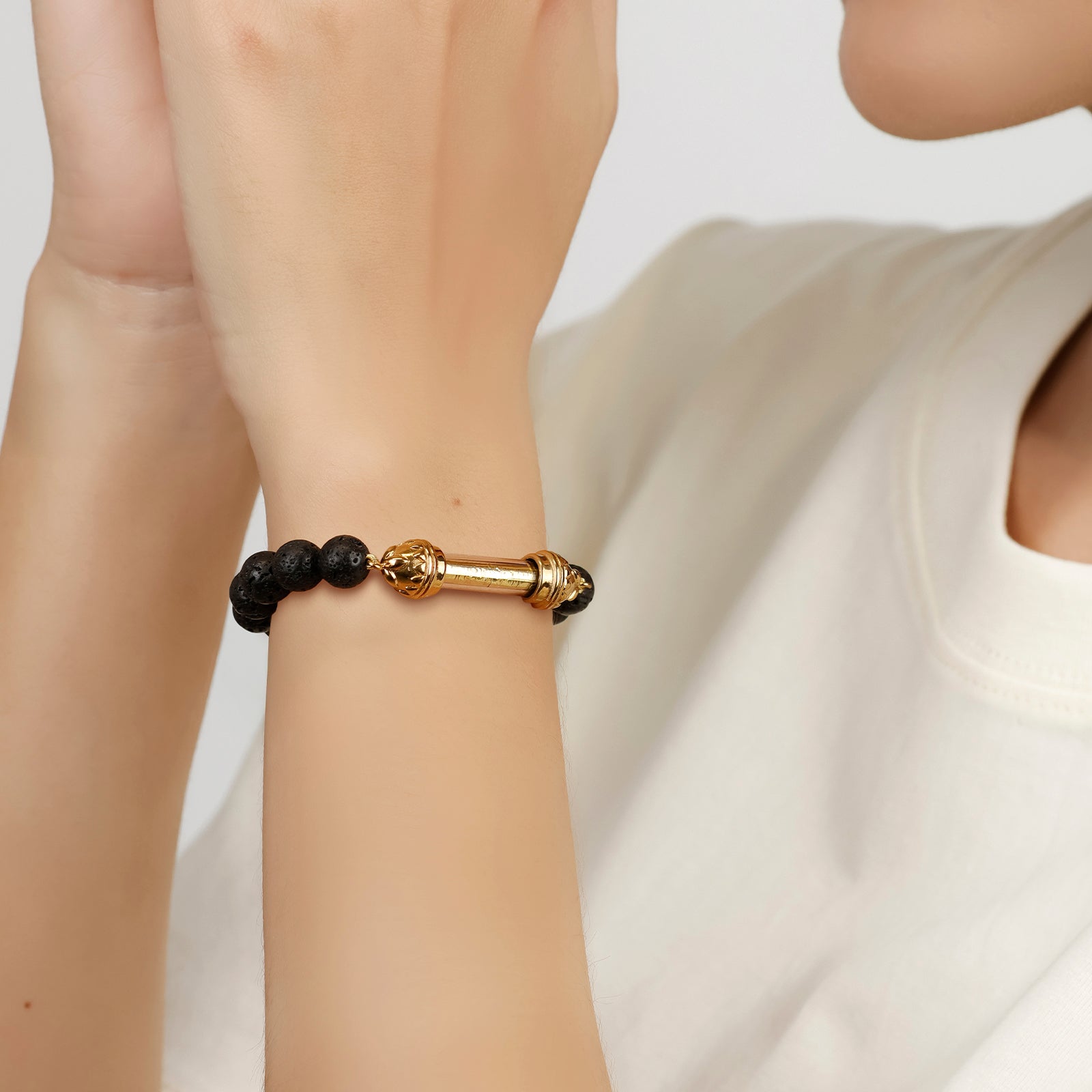 Lava Bracelet with Sacred Golden Takrut Amulet – Strength & Protection
