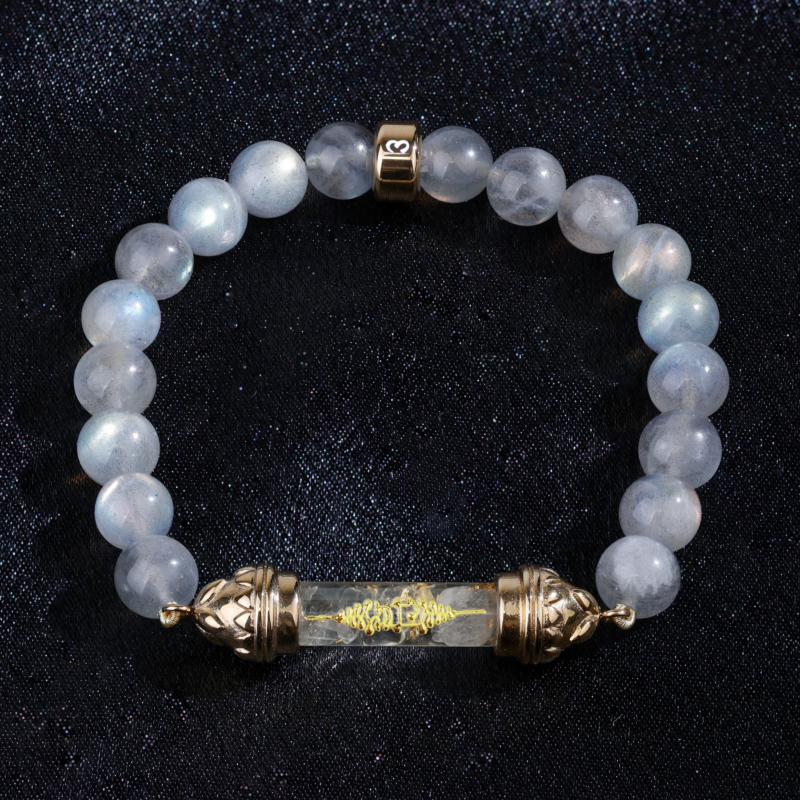 Labradorite Bracelet with Sacred Clear Quartz Golden Amulet AAA - Transformation & Radiance