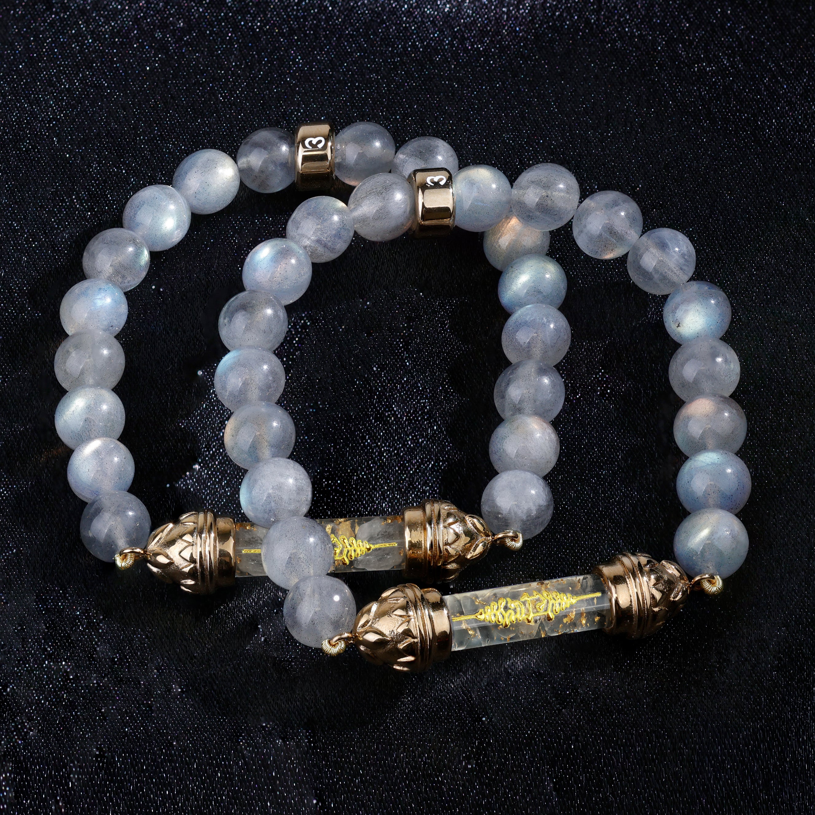 Labradorite Bracelet with Sacred Clear Quartz Golden Amulet AAA - Transformation & Radiance