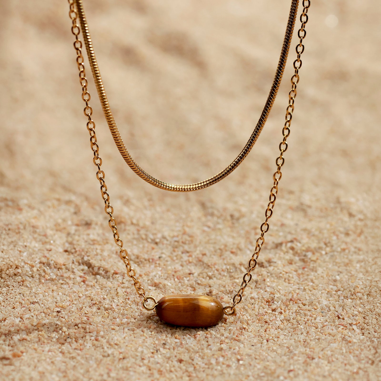 Strata Tiger Necklace – Double Chain & Polished Tiger’s Eye