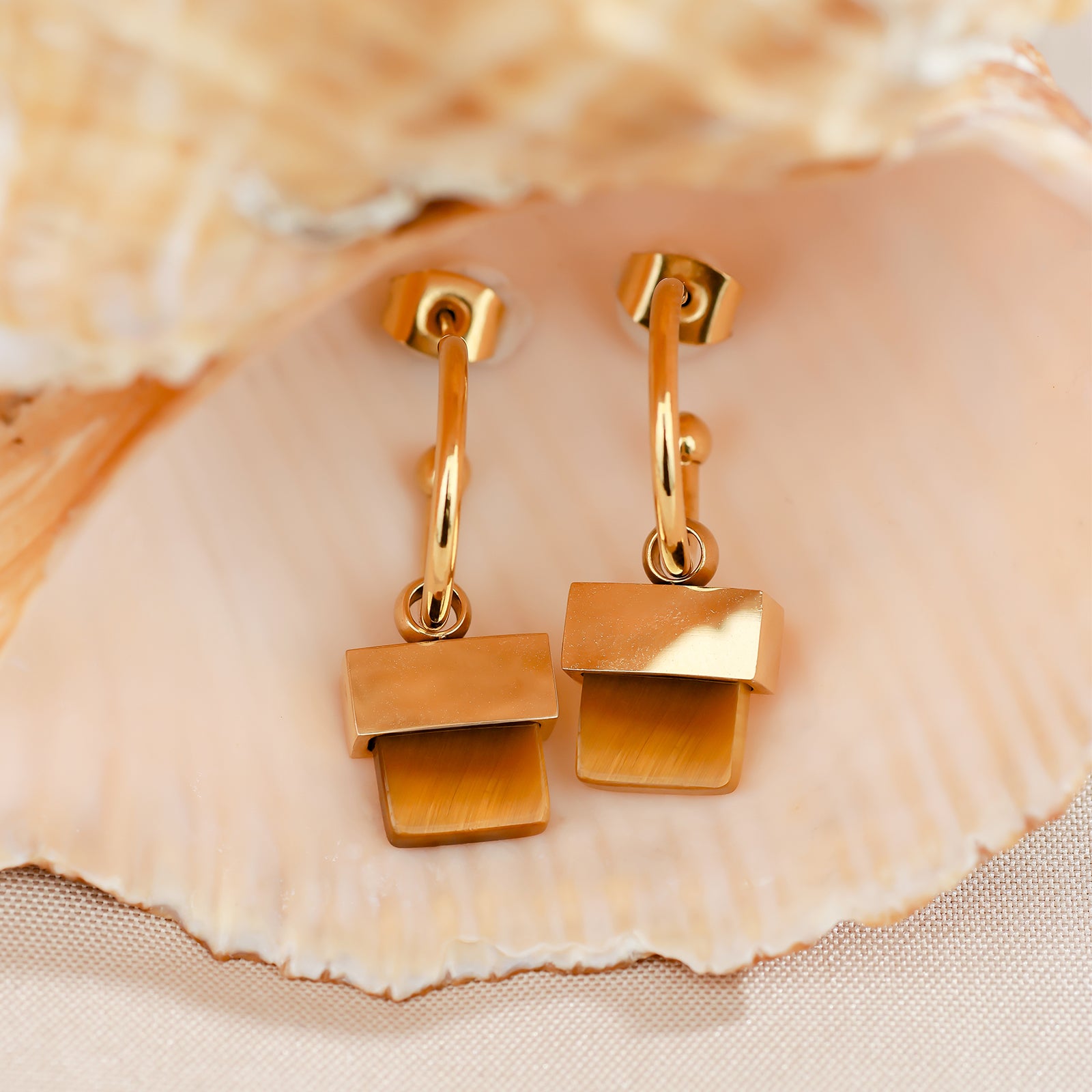 Geo Tiger Earrings – Tiger’s Eye & Gold-Tone Design