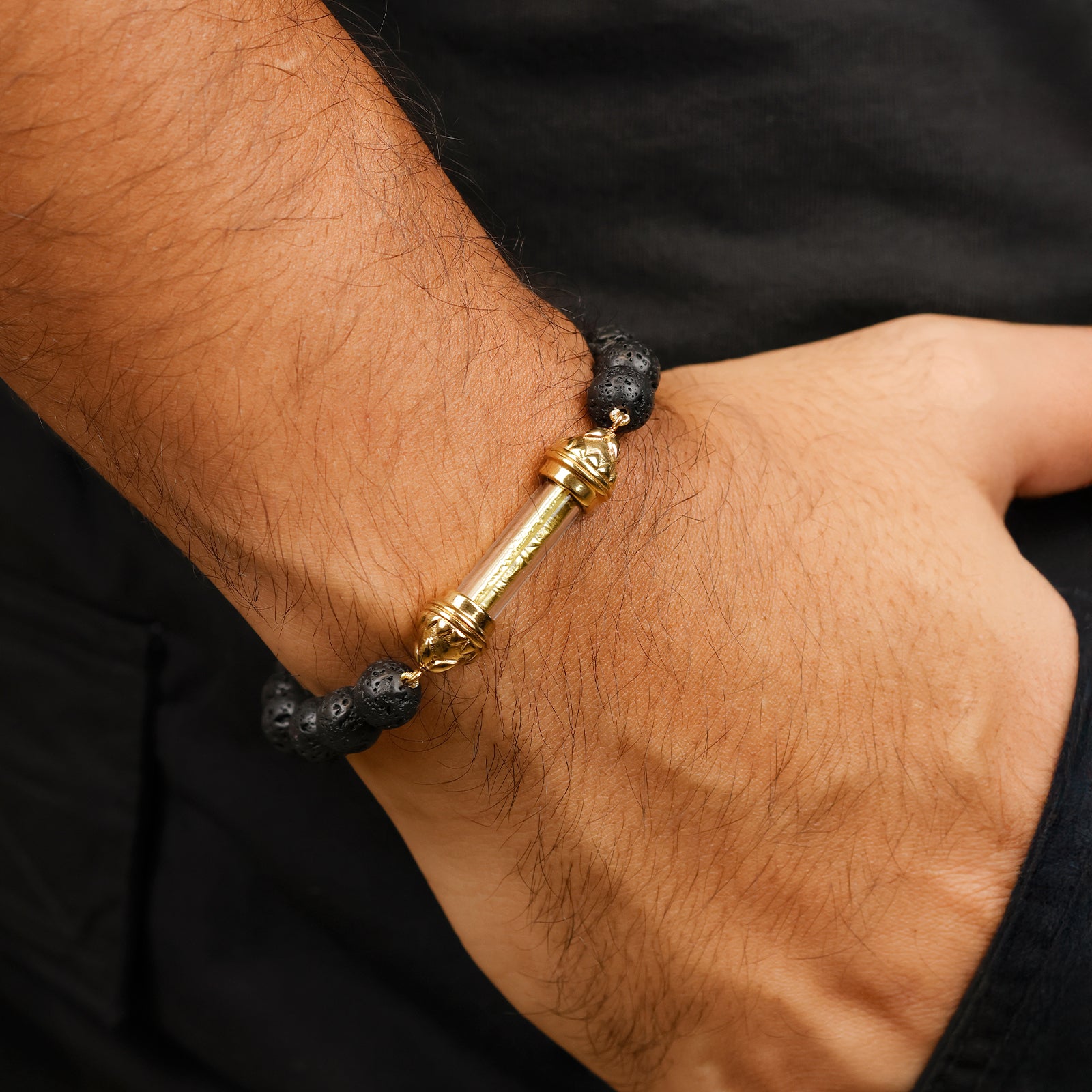 Lava Bracelet with Sacred Golden Takrut Amulet – Strength & Protection