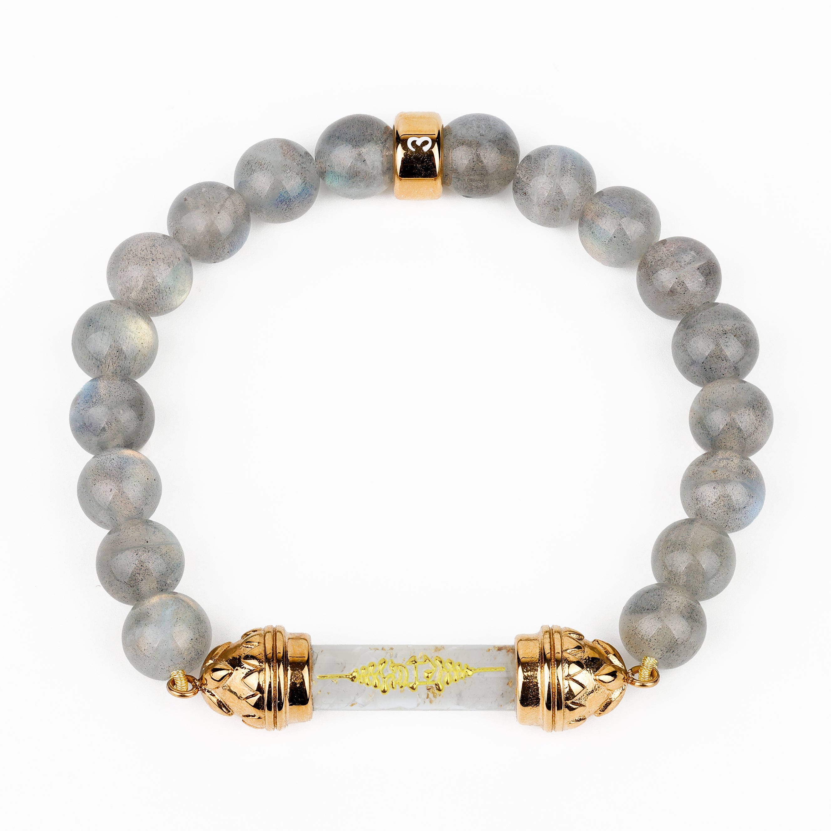 Labradorite Bracelet with Sacred Clear Quartz Golden Amulet AAA - Transformation & Radiance