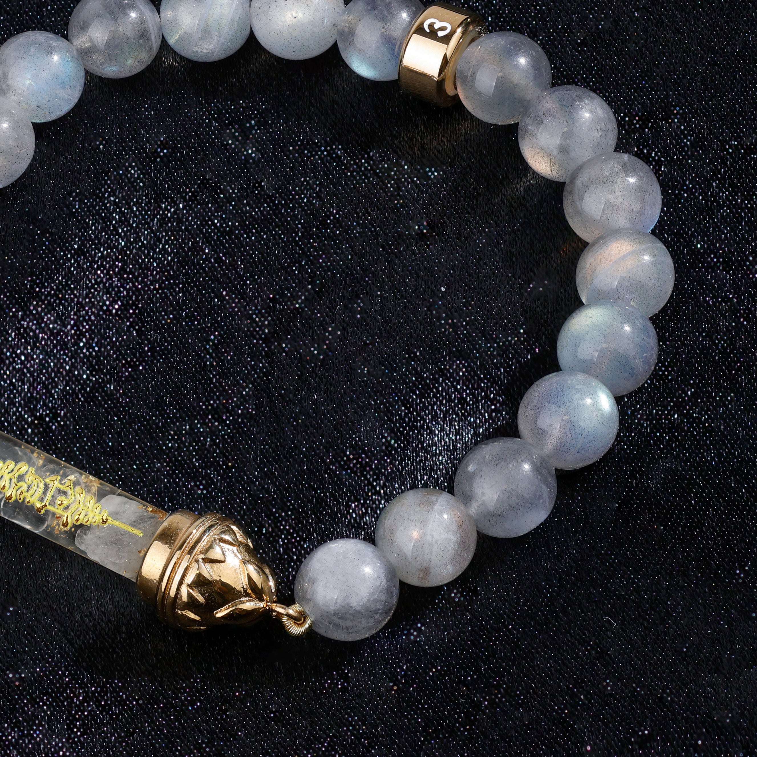 Labradorite Bracelet with Sacred Clear Quartz Golden Amulet AAA - Transformation & Radiance