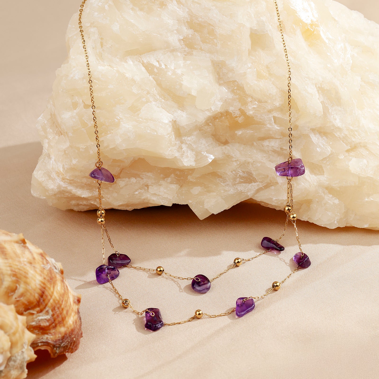 Astra Necklace – Amethyst & Double Gold Chain