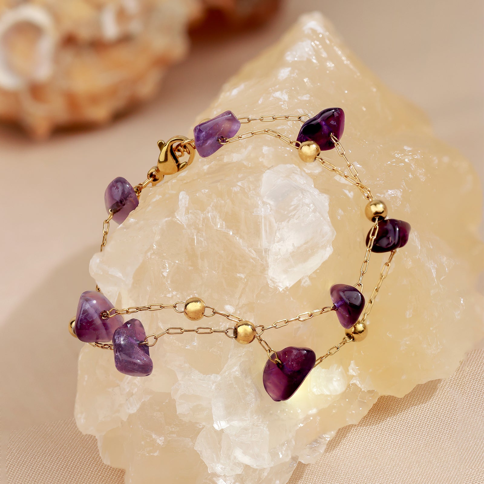 Amara Bracelet – Amethyst & Double Gold Chain