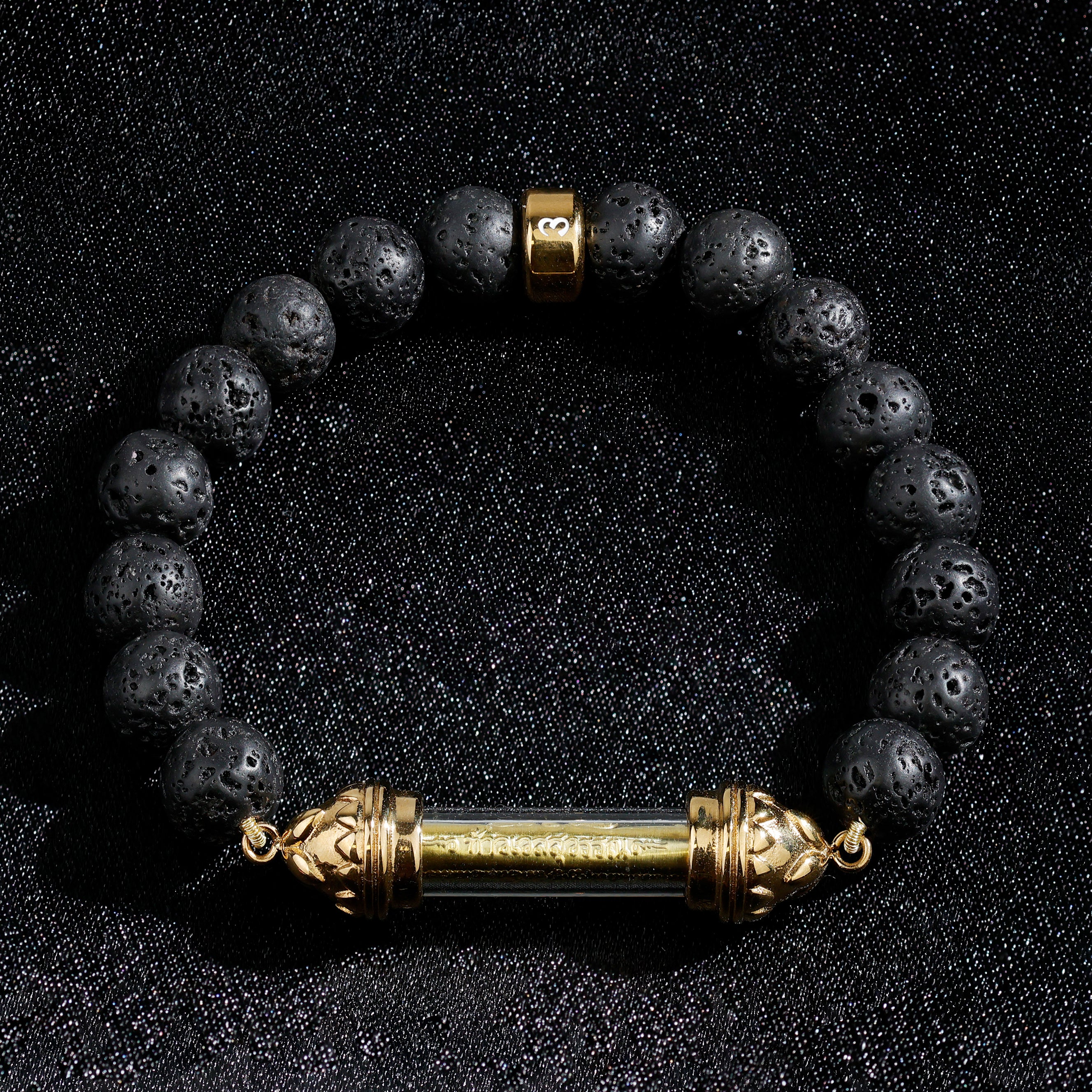 Lava Bracelet with Sacred Golden Takrut Amulet – Strength & Protection