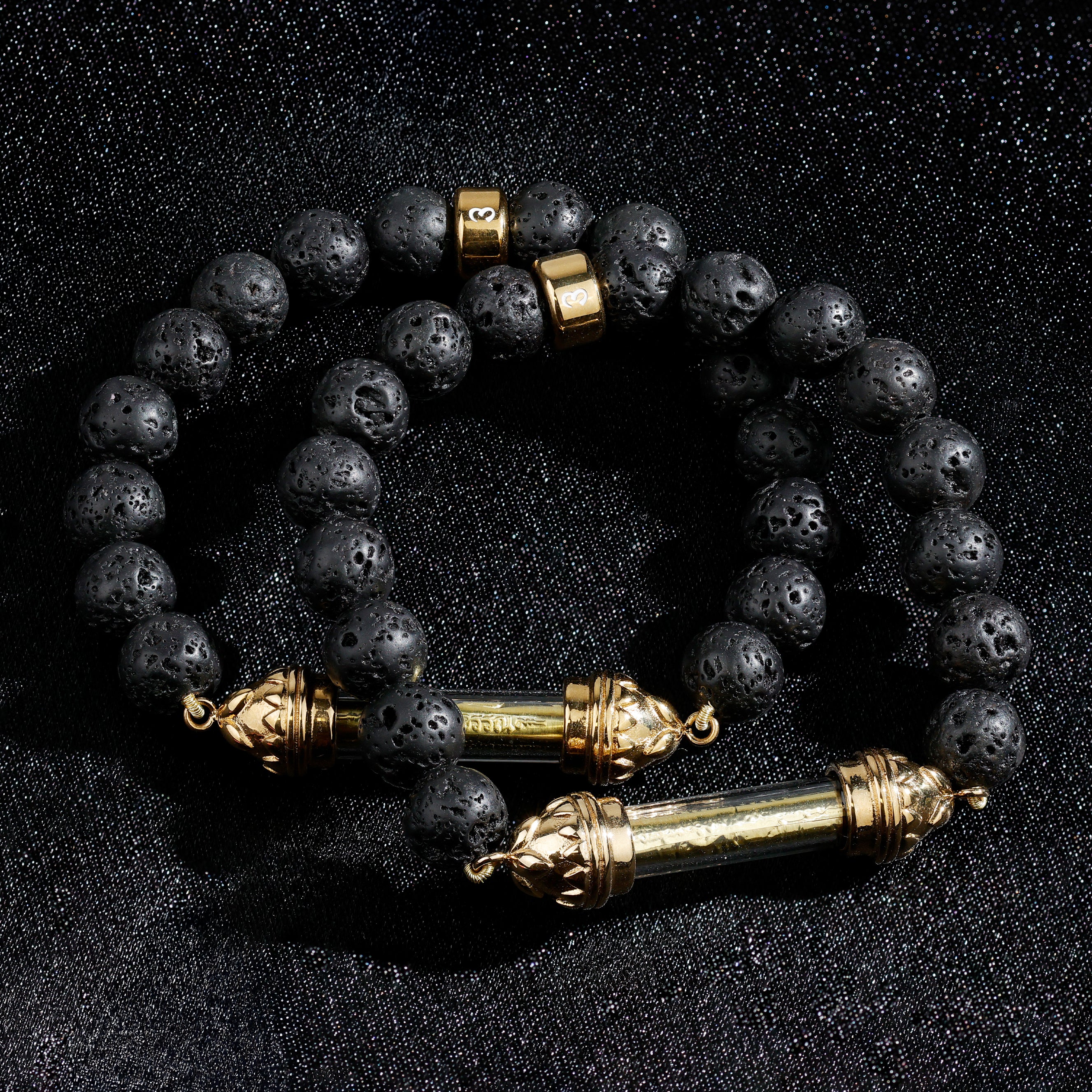 Lava Bracelet with Sacred Golden Takrut Amulet – Strength & Protection