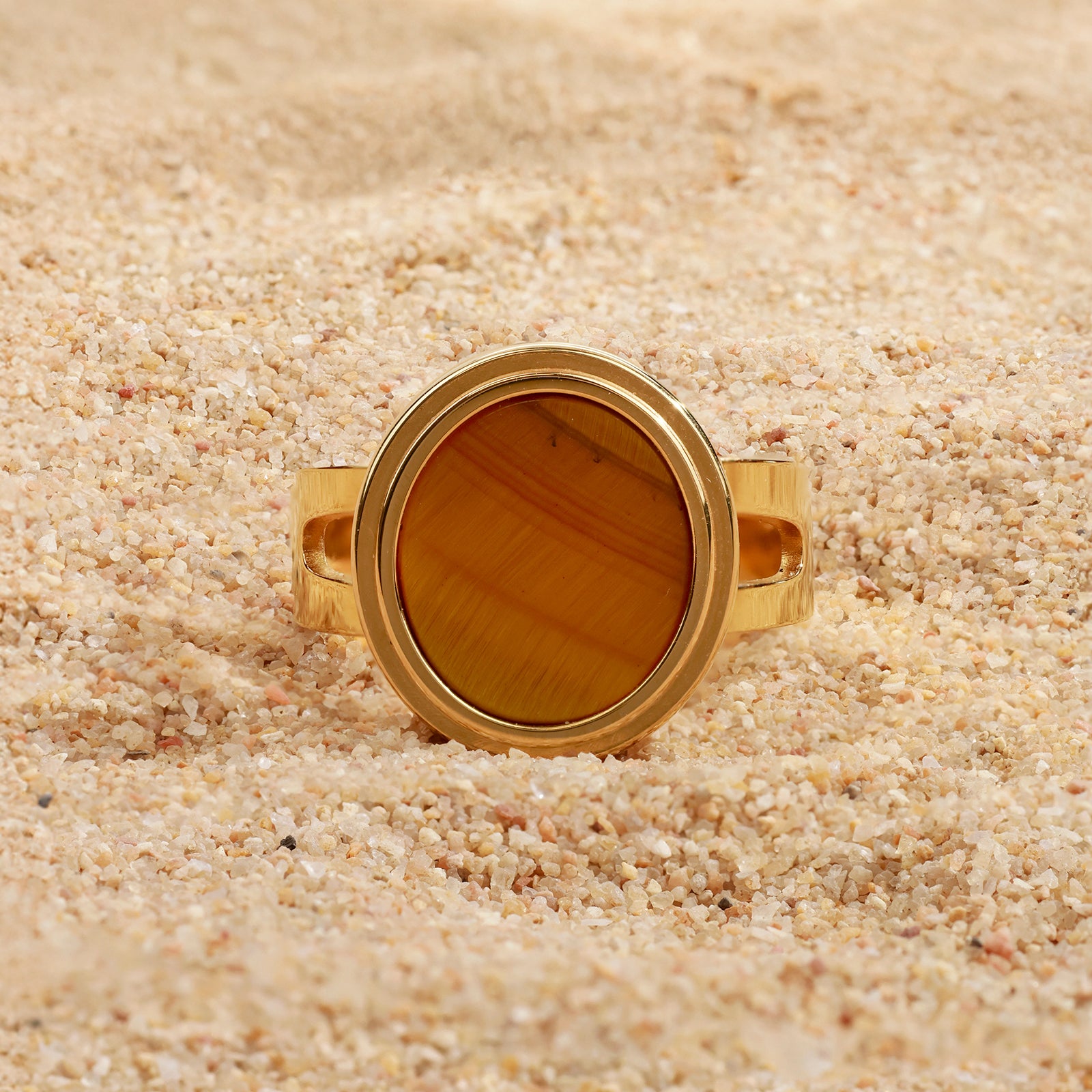 Solea Tiger Ring – Oval Tiger’s Eye & 18K Gold Finish