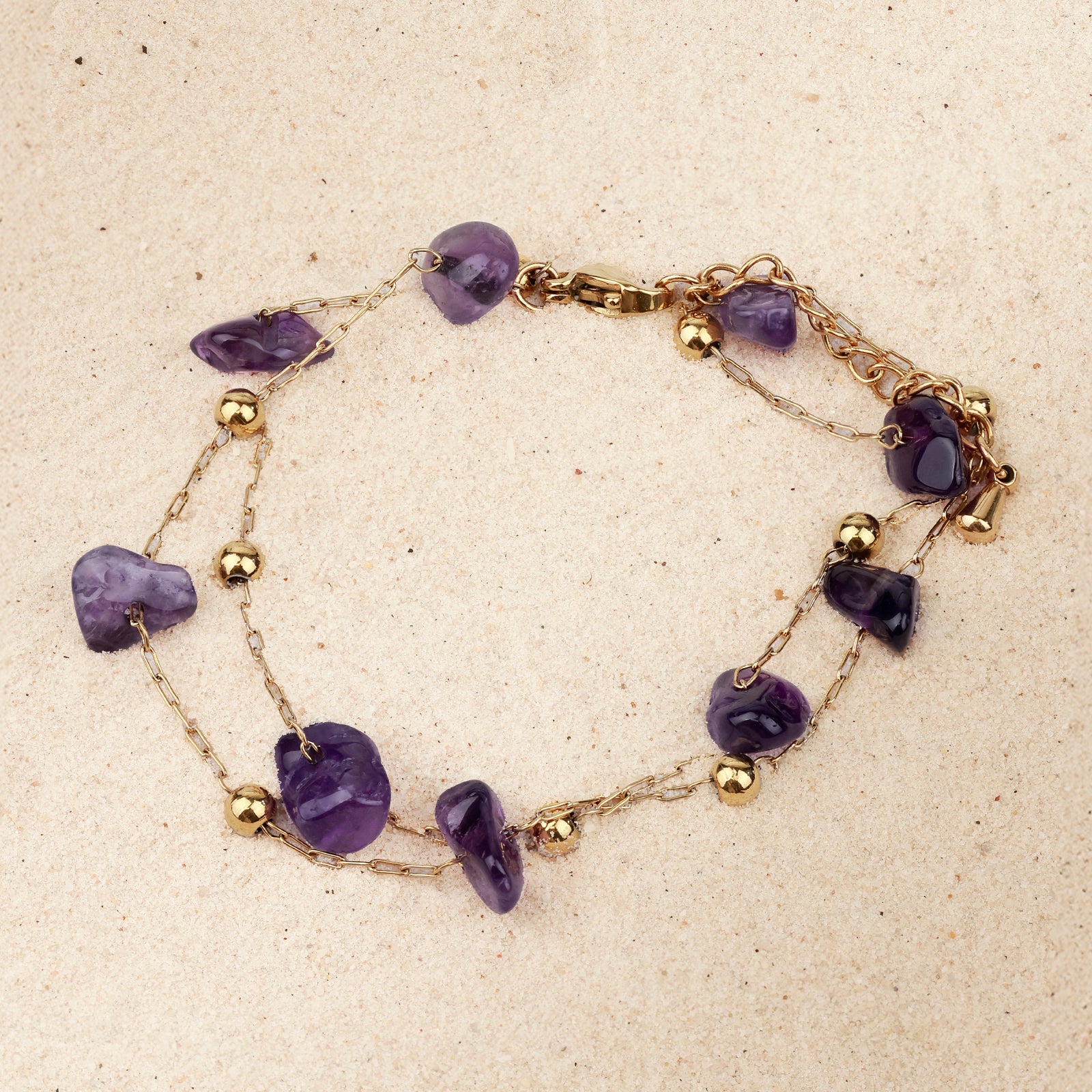 Amara Bracelet – Amethyst & Double Gold Chain