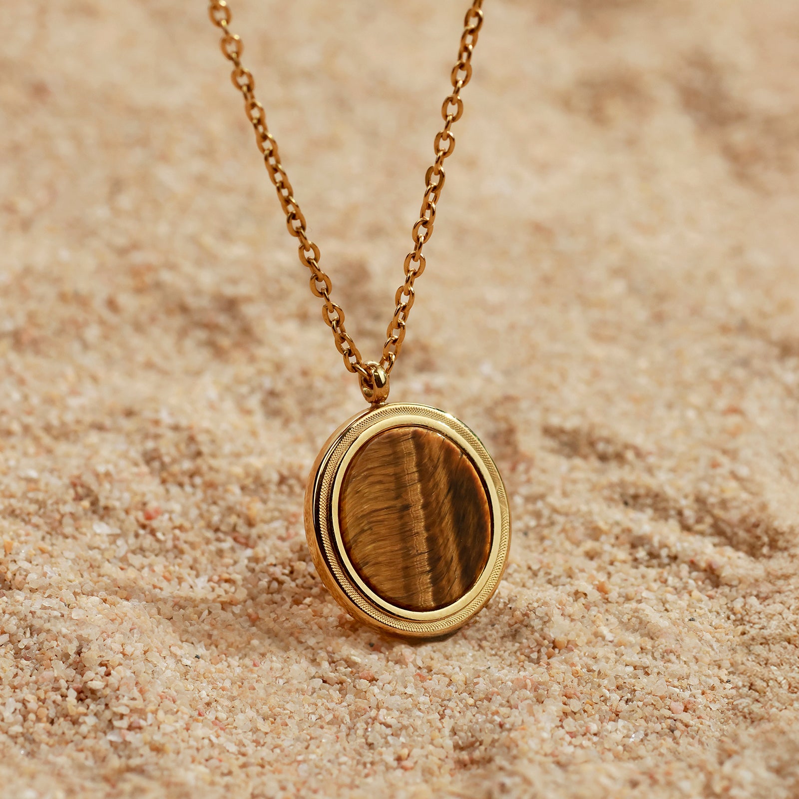 Solea Tiger Necklace – Tiger’s Eye & Engraved Gold Medallion