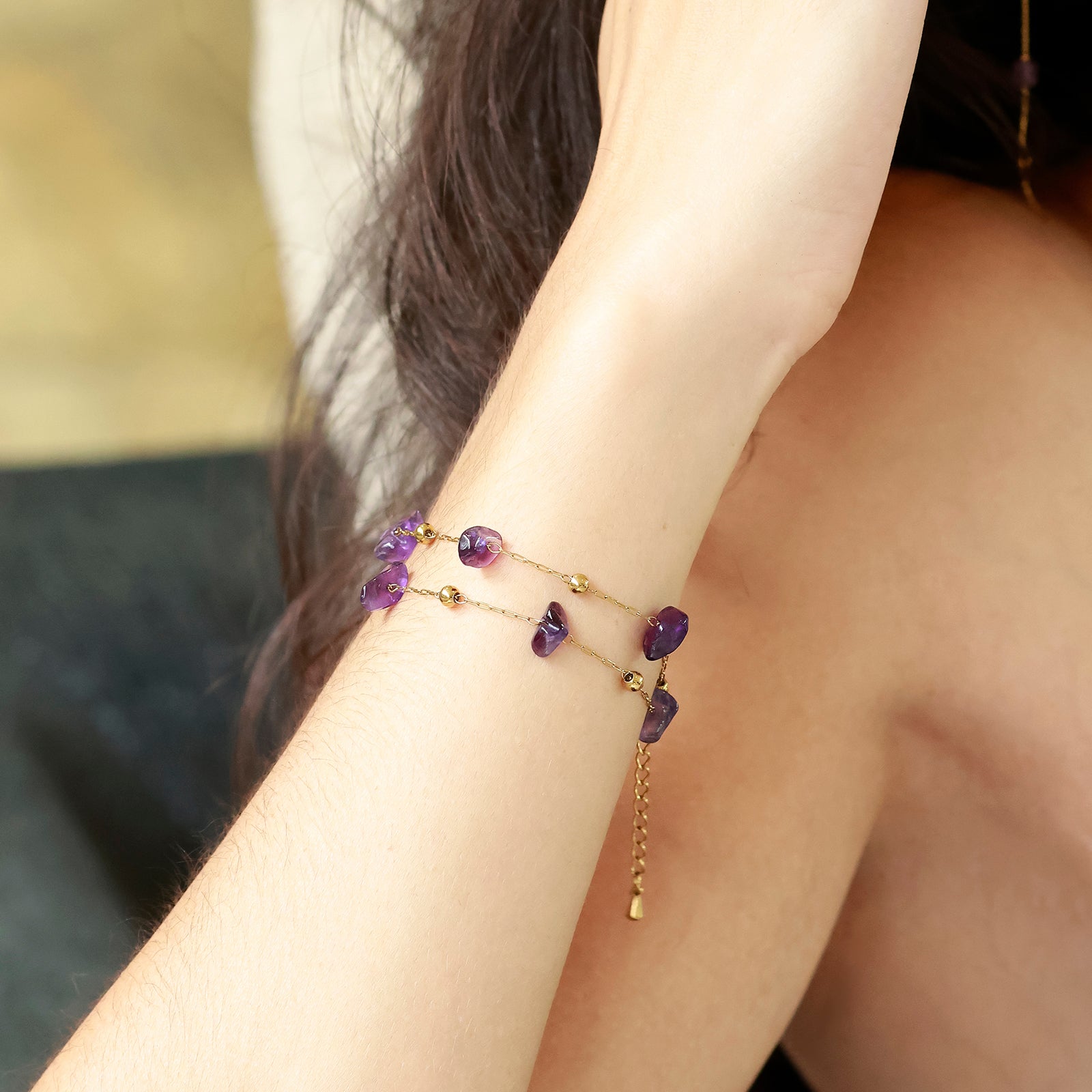 Amara Bracelet – Amethyst & Double Gold Chain